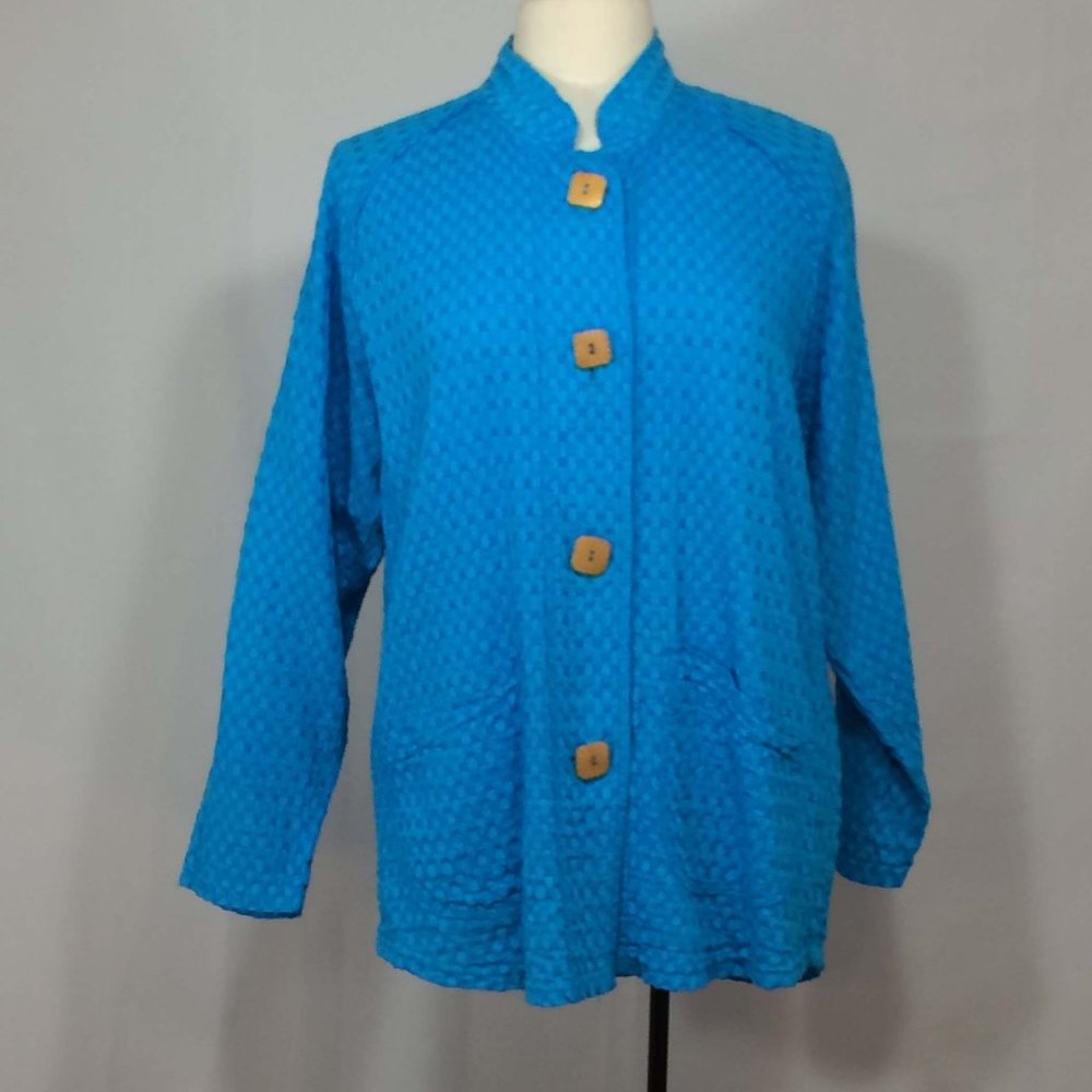 Produce Company Blue Mock‎ Neck Blouse, Wood button